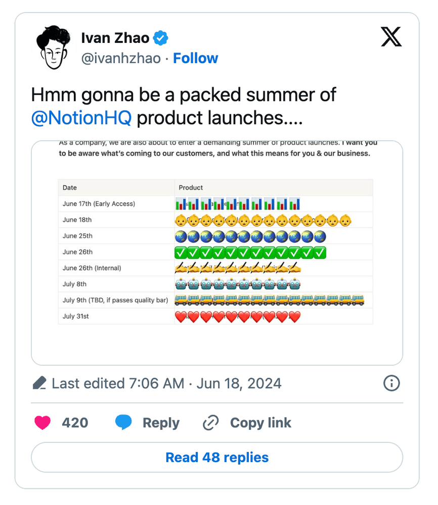 Screenshot of Ivan's X post about our summer of launches